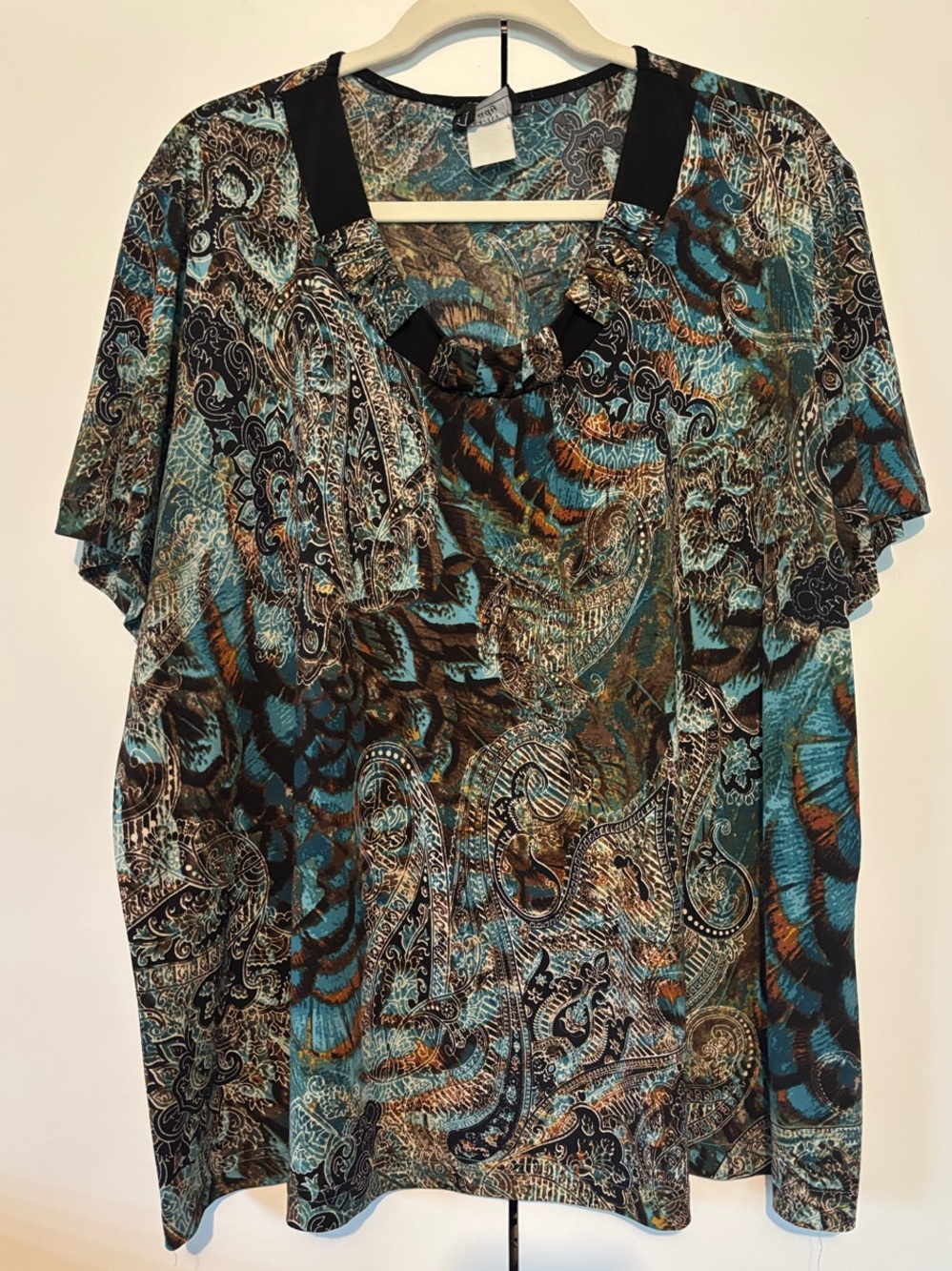 Southern Lady Teal and Brown Paisley-Print w/ Black Accents Short Sleeve Tunic